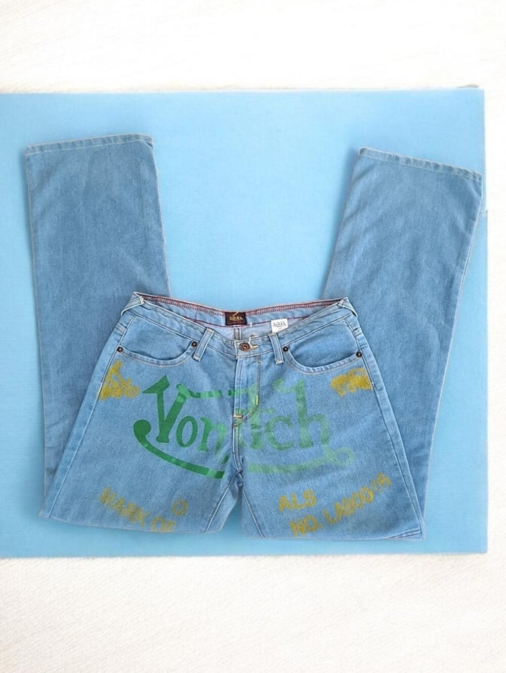 Vintage Von Dutch Light Blue Denim Jeans with Brown Leather Patch Size Reg 7